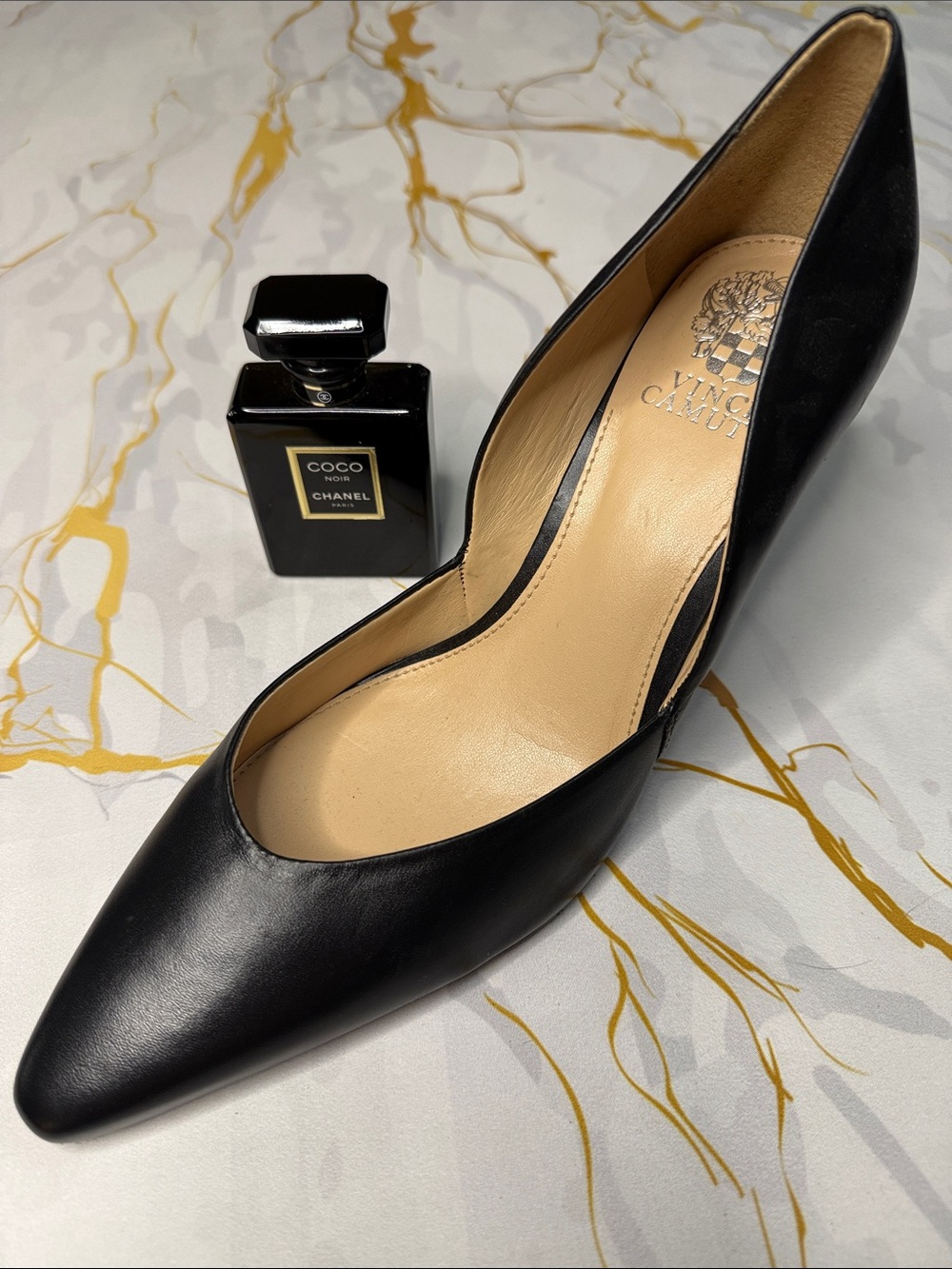 Vince Camuto Black Leather Pointed Toe Pump with Nude Insole